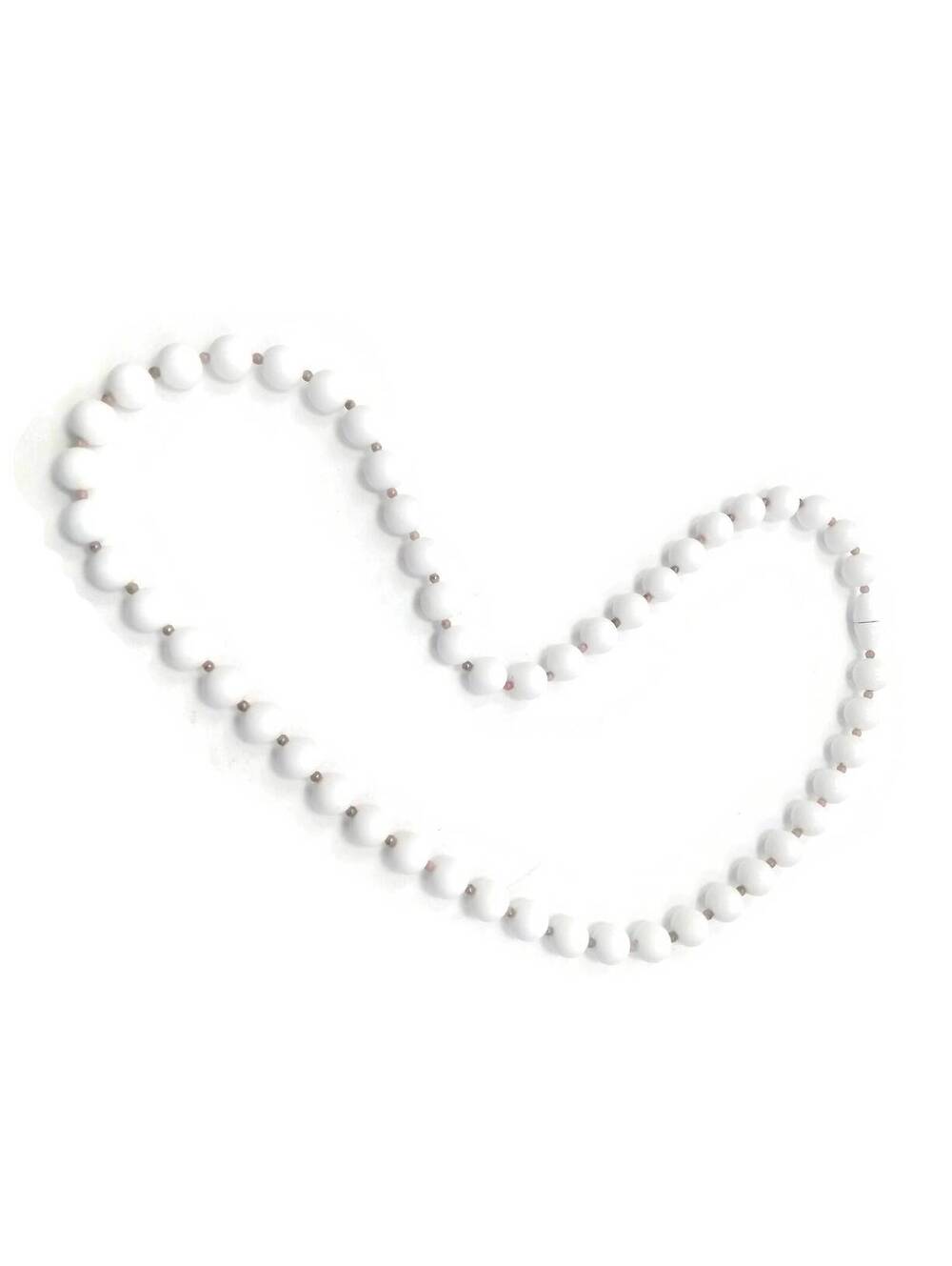 Vintage Round White Plastic Bead Necklace with Gold Tone Spacers. Hidden Clasp.